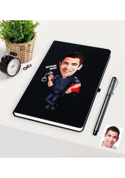 Kişiye Özel Bay Polis Karikatürlü Siyah Defter Kalem Seti - 2 Siyah