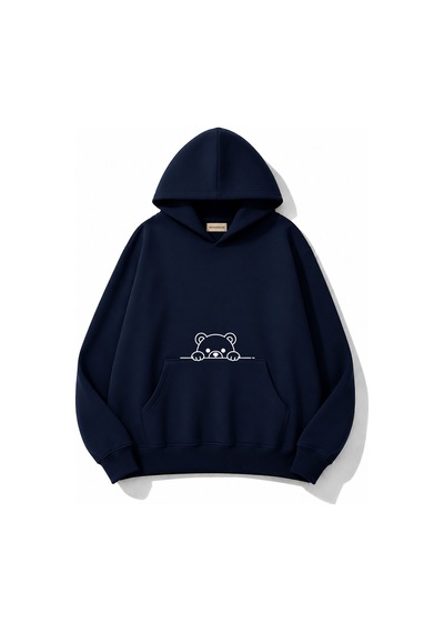 Herkesemoda Sevimli Ayı Baskı Detaylı Kapüşonlu 2 İplik Sweatshirt Lacivert