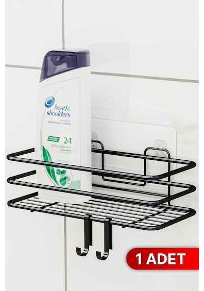 Banyo Düzenleyici Şampuanlık Sabunluk 1 Adet Lüks Metal Yapışkanlı 2 Askılı Duş Rafı Organizer Siyah