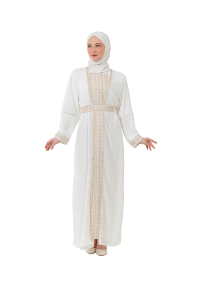 Zaytoon Nakışlı İç Elbiseli Ve Kemerli İki Parçalı Filistin Mirası Abaya Seti Altın