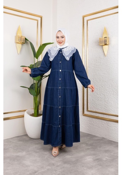 Hb Harma Time Butik Kadın Düğmeli Dantel Yaka Lacivert Kot Elbise