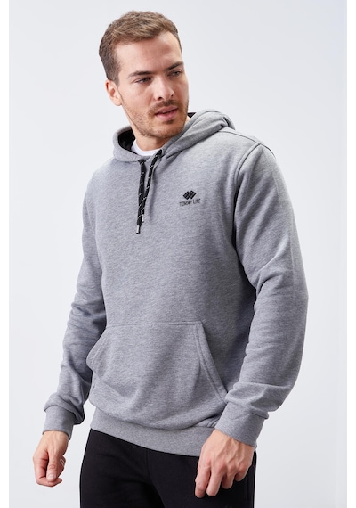 Tommy Life Gri Melanj Kanguru Cep Standart Kalıp Kapüşonlu Erkek Sweatshirt - 87872 GRİ MELANJ