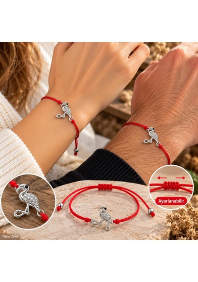Bileklik Kadın Erkek Unisex Kırmızı İpli Flamingo Figürlü Taşlı Ayarlanabilir Bileklik Çok Renkli