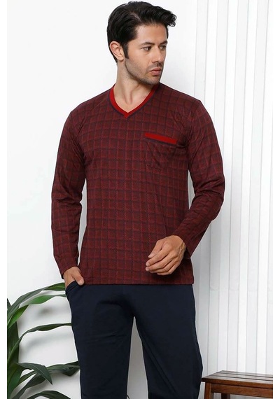 Alimer Erkek Bordo Ekoseli Desen V Yaka Cepli Erkek Pijama Takım EDY1178 Bordo