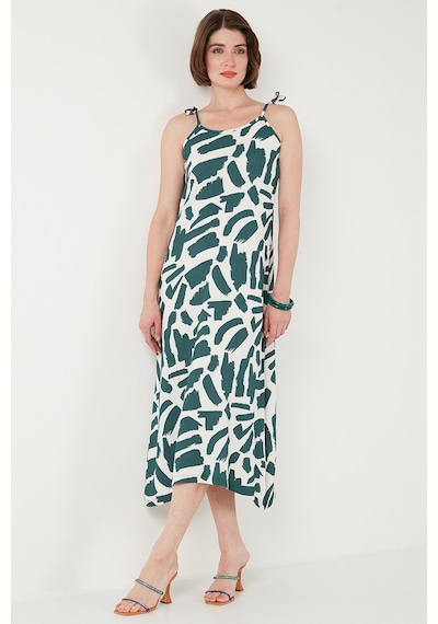 Lela Desenli Midi Boy Oversize Fit Bağlamalı Ip Askılı Bisiklet Yaka Bayan Elbise 5869009 Nefti