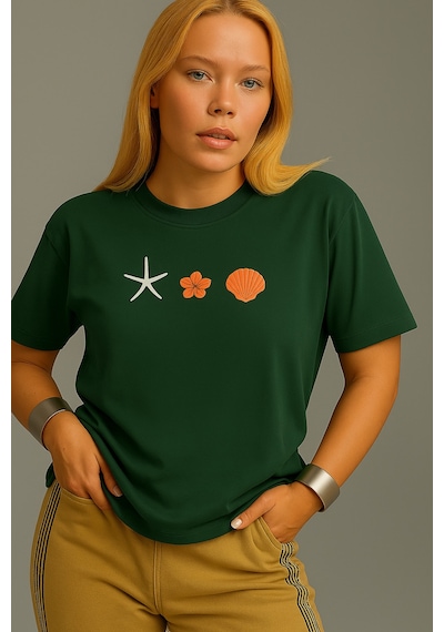 Uyguntarz Unisex İstiridye Kabuk Tasarım Basklı Tshirt Yeşil