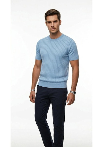 Plus Scorpion Erkek Slim Fit Triko Tişört Bisiklet Yaka Çizgili Modern Şık Tasarım Mavi