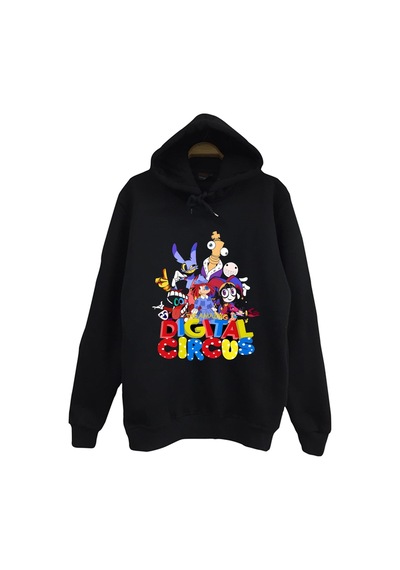 The Amazing Digital Circus Baskılı %100 Pamuk Unisex %100 Pamuk Siyah Kapüşonlu Sweatshirt Siyah