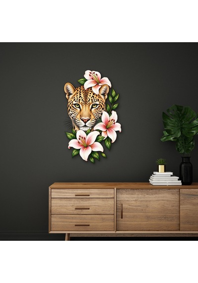 Çiçekli Leopar - Metal Tablo - Dec0185 31 X 50 Cm Çok Renkli