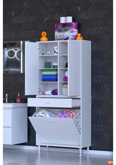 Yeni Afra 75 Cm 2 Gözlü Kirli Çamaşır Sepet, 2 Kapak Ve Çekmeceli 8 Raflı Çok Amaçlı Banyo Dolabı 75 Cm Yeni Afra 75 Cm 2 Gözlü Kirli Çamaşır Sepet, 2 Kapak Ve Çekmeceli 8 Raflı Çok Amaçlı Banyo Dolabı 75 Cm