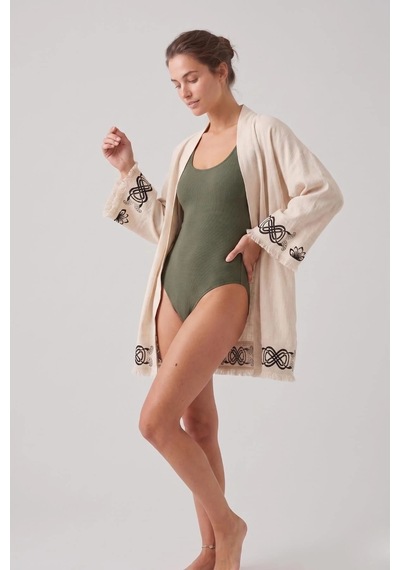 Rovebella Mistico Keten Dokulu Kısa Kimono Krem