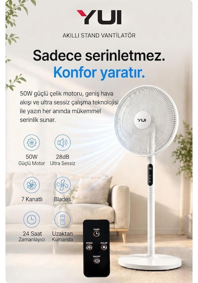 Yui F60 Beyaz 16 İnç 50W 8 Kademe 5 Pervane Döner Başlıklı Uzaktan Kumandalı Vantilatör
