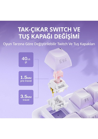 Gravastar Mercury K1 Rgb Kablosuz Mekanik Gaming Klavye, İngilizce Q, Lavender Purple