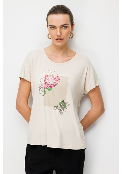 Kadın Sıfır Yaka Önü Payet Güllü Penye T-shirt Bej Bej