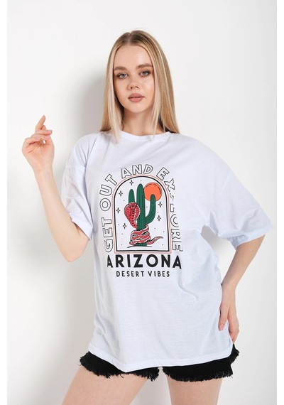 Startmore Kadın Beyaz Oversize Arizona Baskılı T-shirt Beyaz