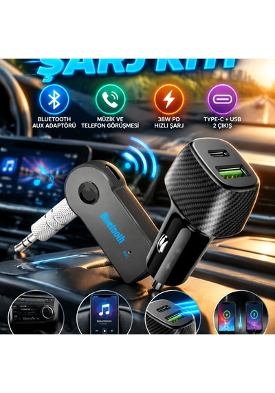 Bluetooth Aux Adaptörü Ve 38w Pd Type-c Usb Araç Şarj Cihazı 2 Li Set