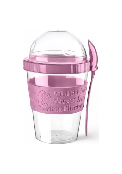 Titiz 600 Ml Kaşıklı Yoğurt & Müsli Kabı - Taşınabilir Kase - Pembe Çok Renkli