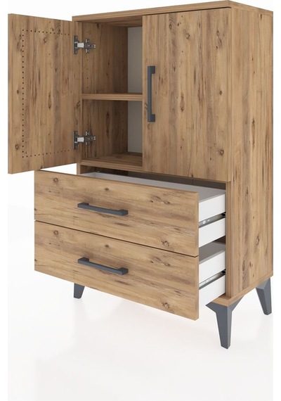 Arges Komodin 2 Raflı 2 Çekmeceli 2 Kapaklı 60x30x96 Çam-çam Çam