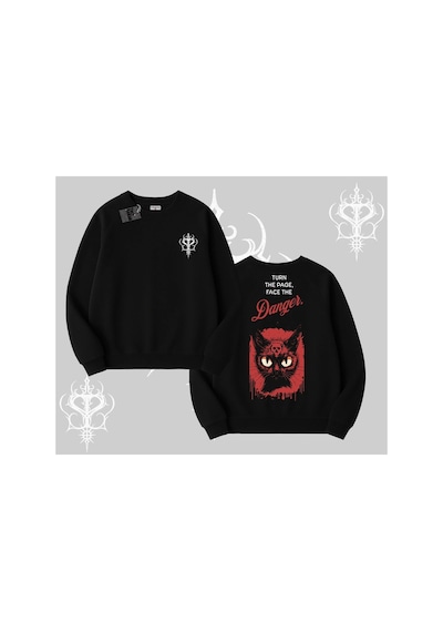 Tarzsokak Gotik Kedi Arka Baskılı Biskilet Sweatshirt Siyah