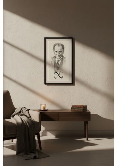 Atatürk Karakalem Portre Tablo 60x25 Cm Çerçeveli Siyah Çerçeve Modern & Klasik Duvar Dekoru