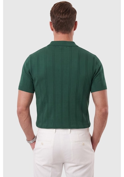 Rizzup Erkek Fermuarlı Polo Yaka Çizgi Dokulu Yeşil Triko Tişört Regular Fit Yumuşak Dokulu 2608007
