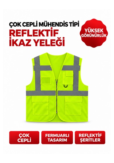Çok Cepli Reflektif Ikaz Yeleği Fermuarlı Yüksek Görünürlüklü Sarı
