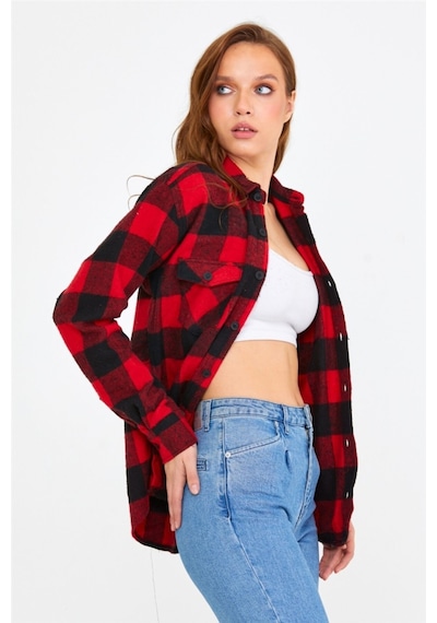 Tarz Cool Kadın Kırmızı Slim Fit Cepli Ekoseli Oduncu Gömlek-kkkodg001r07s Kırmızı