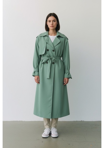 Durivya Kruvaze Yaka Oversize Trençkot Mint Yeşili