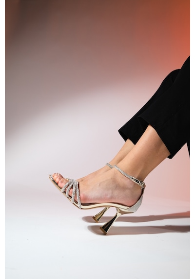 Luvishoes Monica Altın Taşlı Kadın İnce Topuklu Abiye Ayakkabı