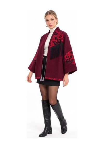 Saade Bordo Etnik Çiçek Nakışlı Püsküllü Kimono Ceket