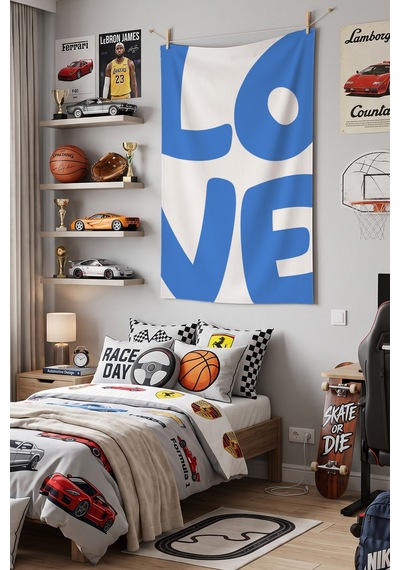 Love Mavi Tipografi Yazı Temalı Modern Dekoratif Duvar Örtüsü Duvar Halısı Beyaz