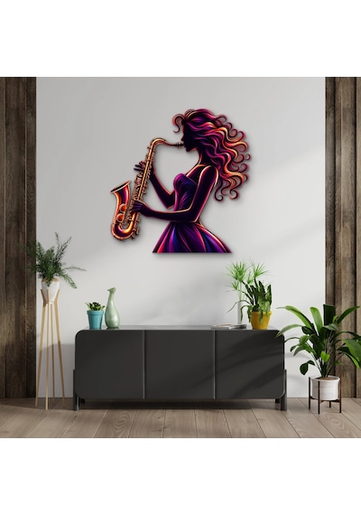 Neon Saksofoncu Kadın - Metal Tablo - Dec0243 70 X 72 Cm Çok Renkli