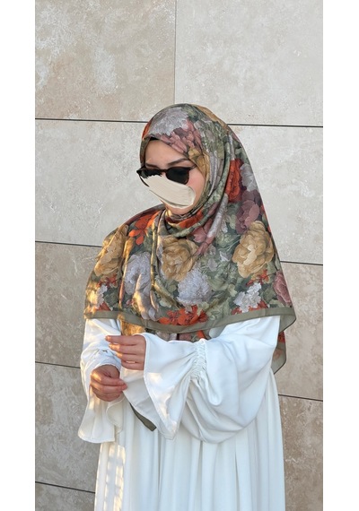 Qalortex Scarf Pamuklu Gonca Desen Eşarp - Haki