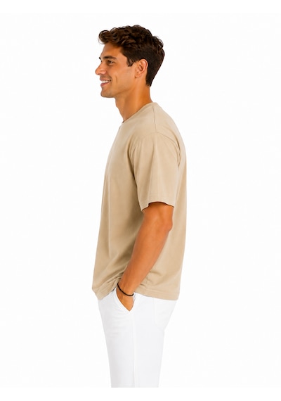 Vasto Moda Erkek Tam Oversize Kalıp Kalın Dokulu Organik Pamuk Bisiklet Ribana Yakalı Bej T-shirt