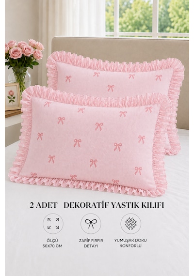 2 Li Pamuklu Fırfırlı Yastık Kılıfı 50x70 Pembe