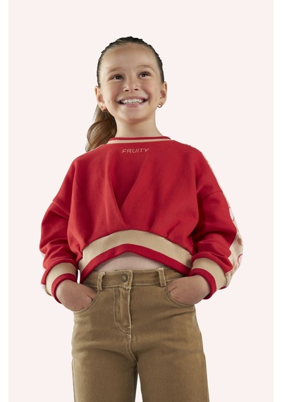 Panço Kız Çocuk Kolları Parça Detaylı Kırmızı Sweatshirt Çok Renkli