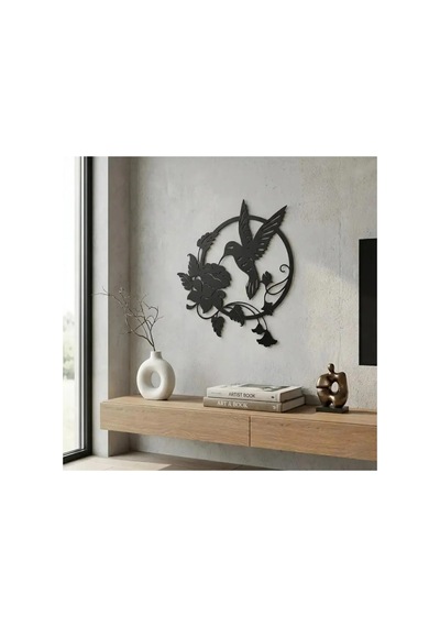 Bahar Neşesi: Kanat Çırpan Sinek Kuşu Metal Duvar Tablosu - Metal Duvar Sanatı - Siyah - 65 X 75 Cm