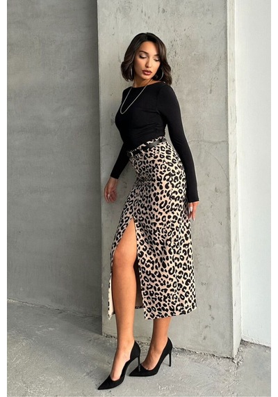 Verymoda Leopar Desenli Uzun Kalem Etek F1665 Taş Siyah