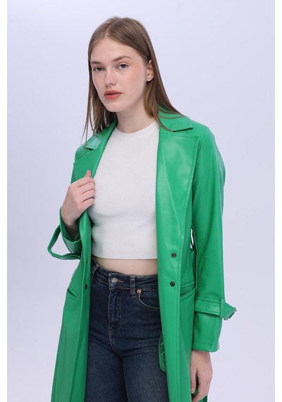 Selectmoda Kadın Kemerli Uzun Kaban Yeşil