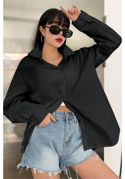 Tarz Cool Oversize Basic Uzun Kollu Gömlek Siyah