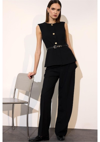 Defacto Wide Leg Fermuarlı Yüksek Bel Standart Boy Pantolon E7238ax25aubk81 Siyah