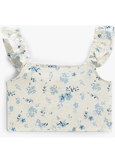 Koton Crop Bluz Keten Karışımlı Fırfırlı Askılı Bej Desenli 4skg60028aw Ekru