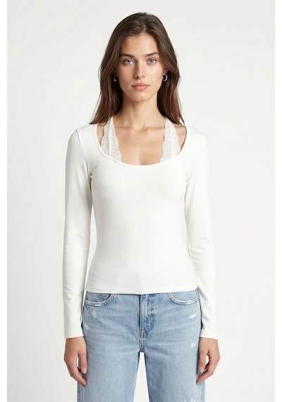 Ritnice Kadın Emma Dantel Detaylı Uzun Kollu Ekru Basic Top / Bluz