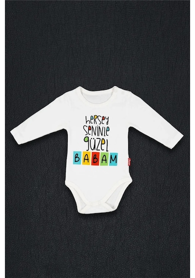 Adisia Unisex Bebek Beyaz Her Şey Seninle Güzel Babam Baskılı Alttan Çıtçıtlı Zıbın Beyaz