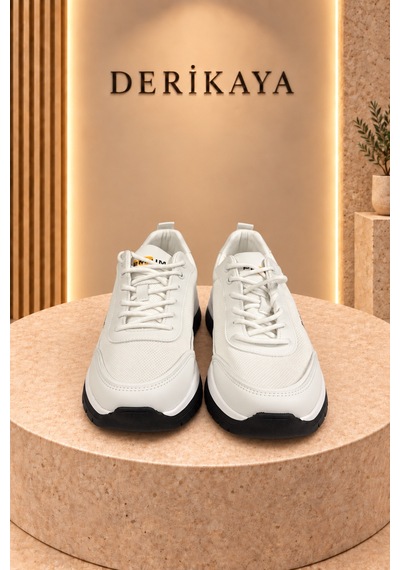 Deri Kaya Erkek Premium Kalın Taban Bağcıklı Günlük Sneaker Spor Ayakkabı Beyaz