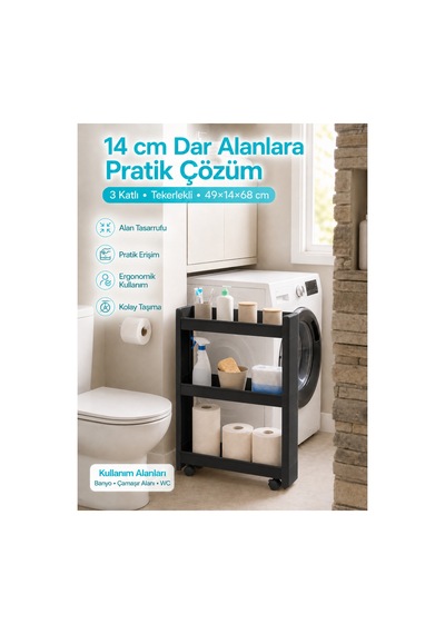 3'lü Slim Dar Alan Organizer Raf, Tekerlekli Çok Amaçlı Mutfak Ve Banyo Düzenleyici Siyah Siyah Siyah