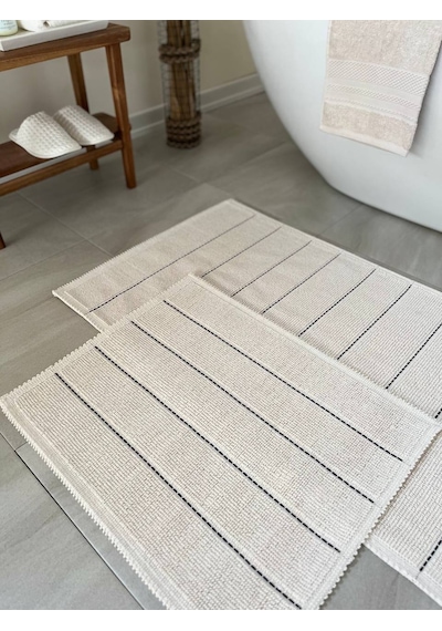 Bluenity Basic Stripe Doğal Pamuklu 2'li Banyo Kilim Seti 60x100+50x60 Cm Ekru / Lacivert Çizgili Ekru