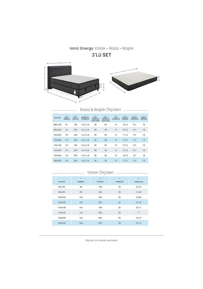 Yataş Bedding Ionic Energy Pro Çift Kişilik Yatak-Baza-Başlık 140x190 3'lü Set