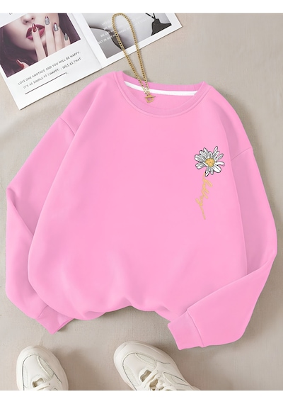 Startmore Pembe Kadın Happy Daısy Özel Renkli Oversize Bisiklet Yaka Pamuklu