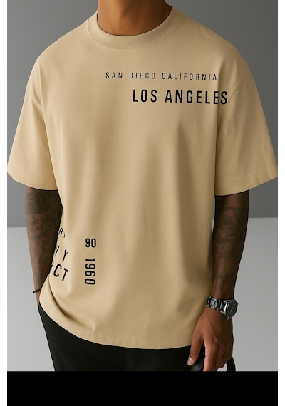 Los Angeles Baskılı Unisex Oversize Tişört Bej